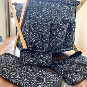Black medallion pattern knitting caddy and needle/hook cases